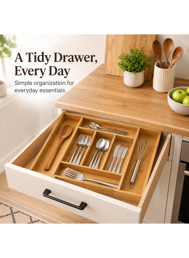 Expandable Bamboo Cutlery Drawer Organizer – 5 to 7 Section Silverware Tray, Wooden Utensil Organizer for Spoons, Forks & Knives, Adjustable Kitchen Drawer Storage - Image 3