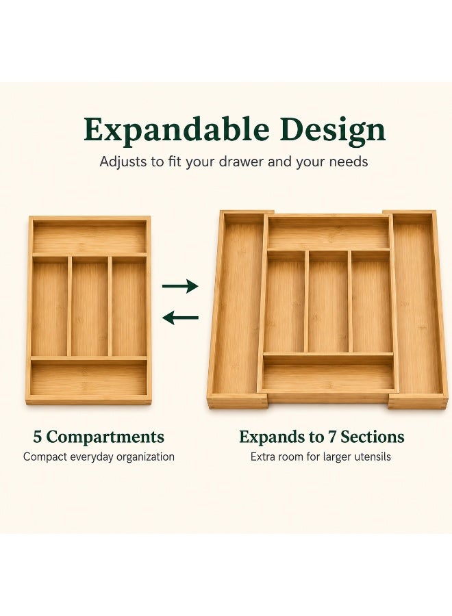Expandable Bamboo Cutlery Drawer Organizer – 5 to 7 Section Silverware Tray, Wooden Utensil Organizer for Spoons, Forks & Knives, Adjustable Kitchen Drawer Storage - Image 2