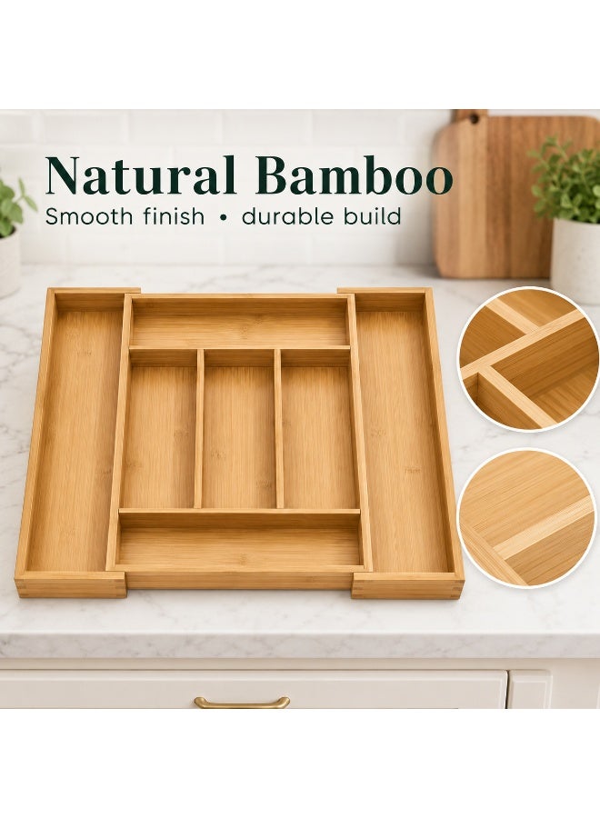 Expandable Bamboo Cutlery Drawer Organizer – 5 to 7 Section Silverware Tray, Wooden Utensil Organizer for Spoons, Forks & Knives, Adjustable Kitchen Drawer Storage - Image 4