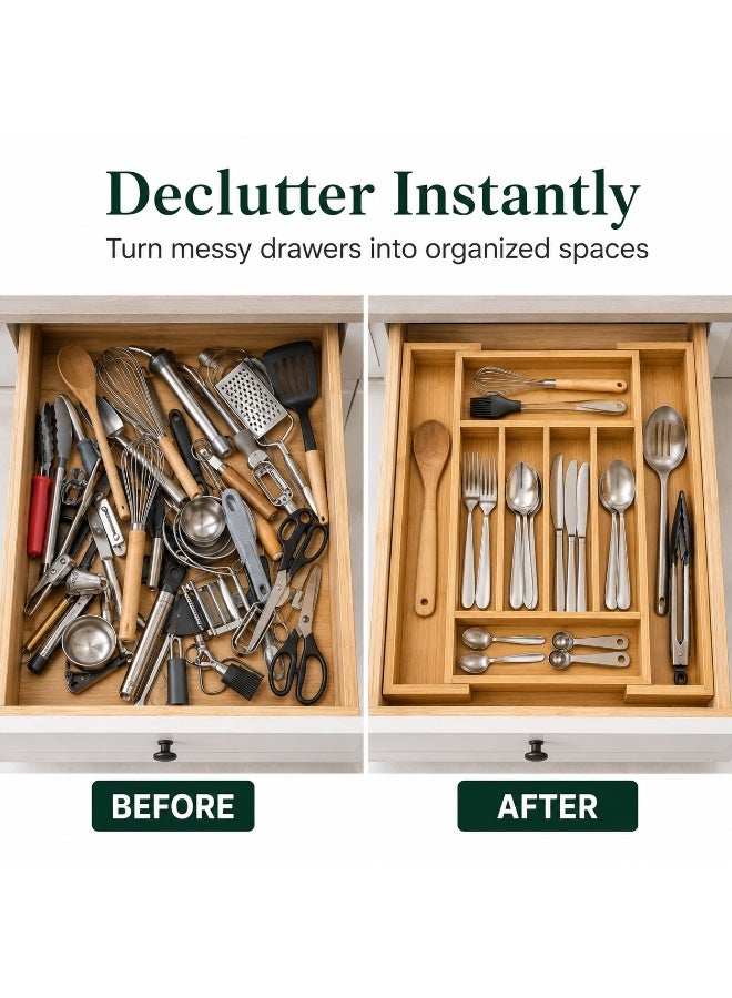 Expandable Bamboo Cutlery Drawer Organizer – 5 to 7 Section Silverware Tray, Wooden Utensil Organizer for Spoons, Forks & Knives, Adjustable Kitchen Drawer Storage - Image 5