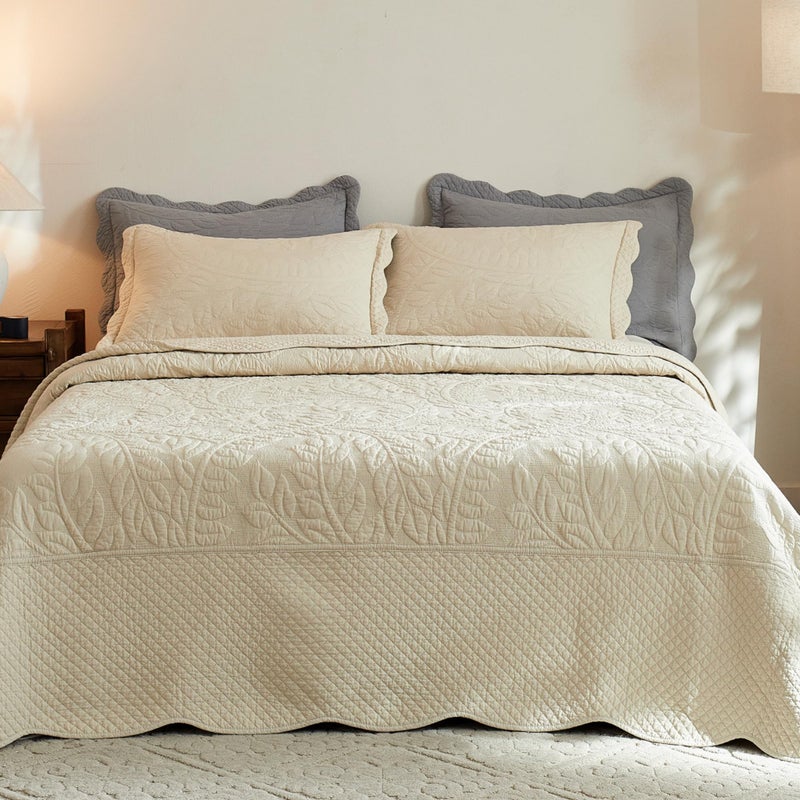 MarCielo 3Piece 100 Cotton Oversized Bedspread Lightweight Quilt Coverlet Embroidery Farmhouse Bedding Set T0 Khaki Beige Queen 100x106