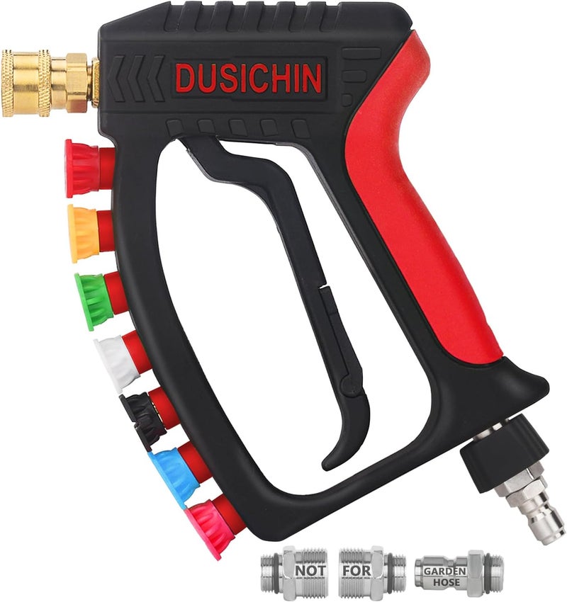 DUSICHIN مسدس دوستشين القصير للغسيل بالضغط العالي، بخاخ دوار عالي، 7 رؤوس فوهات 4000 رطل لكل بوصة مربعة، ملحق مدفع الرغوة، مخرج موصل سريع 1/4 بوصة، ملاءمة M22-14mm M22-15mm، لا يستخدم مع خرطوم الحديقة. - Image 1