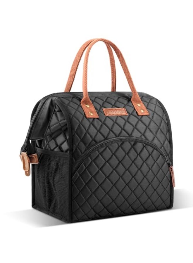 LOKASS Lunch Bag Insulated Lunch Box Wide-Open Lunch Tote Bag Large Drinks Holder Durable Nylon Thermal Snacks Organizer for Women Men Adults College Work Picnic Hiking Beach Fishing,Black-Square  - Image 1