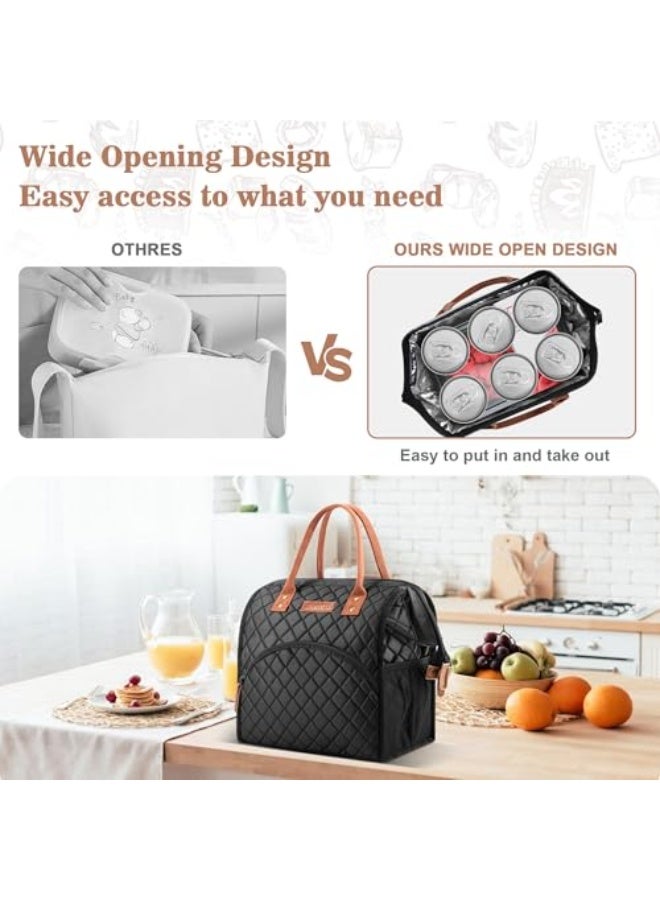 LOKASS Lunch Bag Insulated Lunch Box Wide-Open Lunch Tote Bag Large Drinks Holder Durable Nylon Thermal Snacks Organizer for Women Men Adults College Work Picnic Hiking Beach Fishing,Black-Square  - Image 2