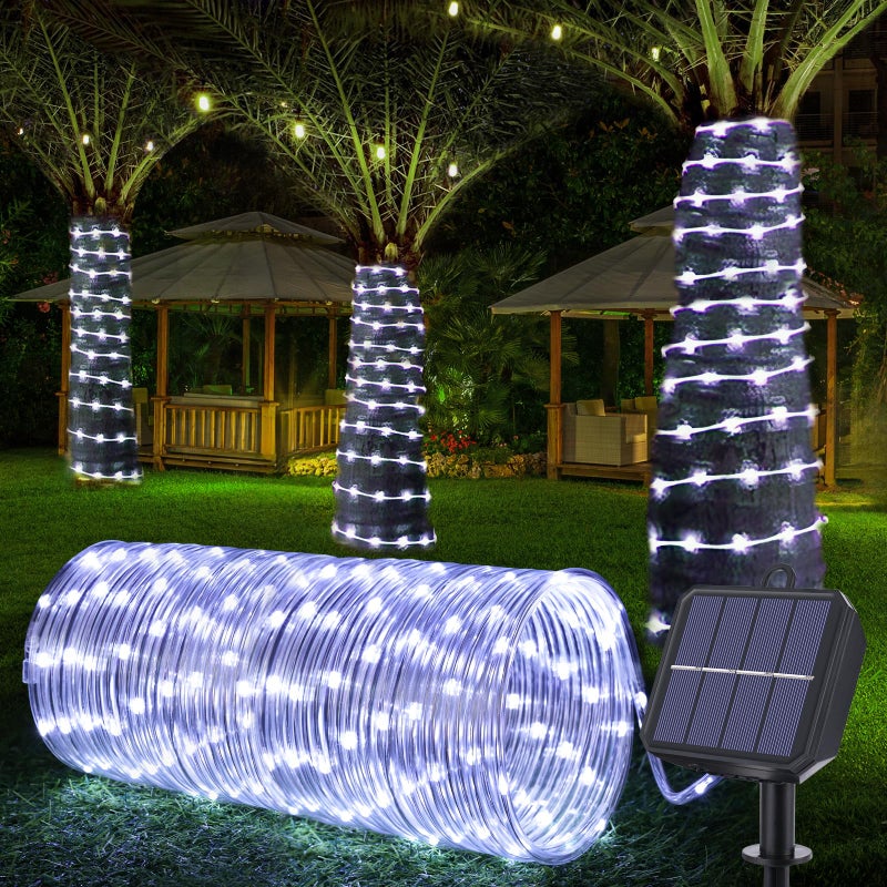 Solar Rope Lights 66ft 200LED Solar String Lights 8 Modes Waterproof Solar Powered Outdoor Light Flexible Clear Tube Light for Garden Backyard Patio Deck Porch Pool Tree Decorative White