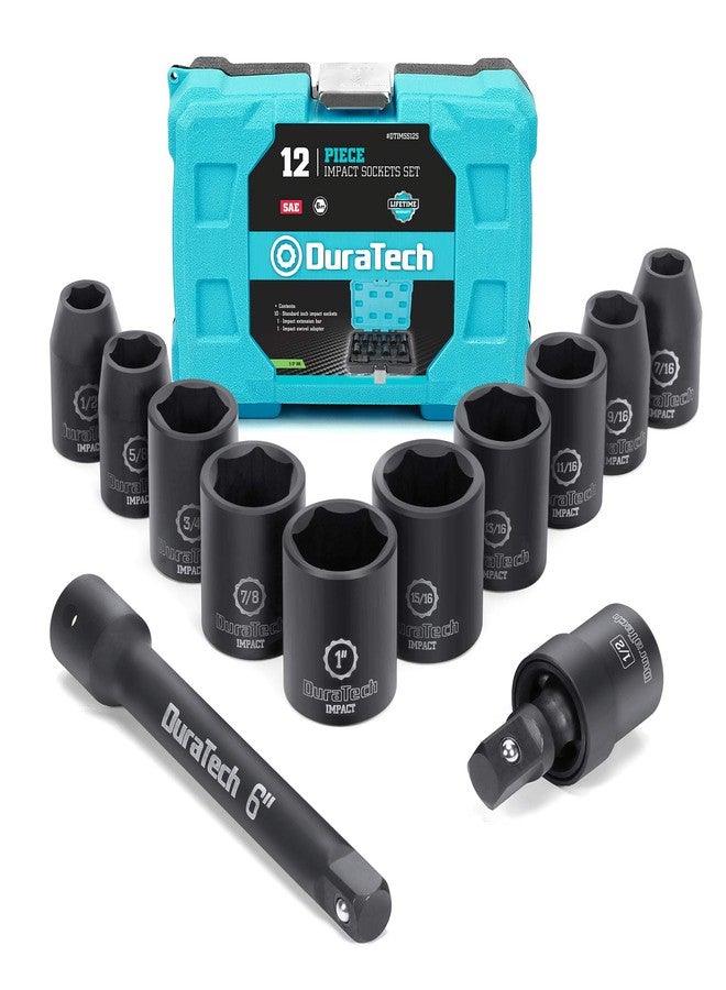 DURATECH 1/2 Inch Drive Impact Socket Set 12 Pieces, 3/8 Inch-1 Inch 10 Pieces SAE Sockets with Impact Swivel Adapter and 6-Inch Impact Extension Bar - Image 1