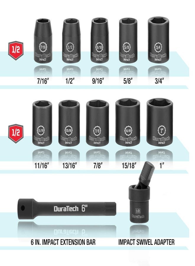 DURATECH 1/2 Inch Drive Impact Socket Set 12 Pieces, 3/8 Inch-1 Inch 10 Pieces SAE Sockets with Impact Swivel Adapter and 6-Inch Impact Extension Bar - Image 2