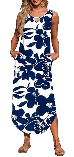 MISFAY Women's Summer Maxi Dress Sleeveless Loose Long Beach Split Dresses with Pockets(White Navy Flower,M) - Image 2
