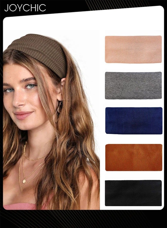 Joychic 5 قطع رباط شعر قماش بلون موحد عالي المرونة حزم رأس رياضية للياقة البدنية