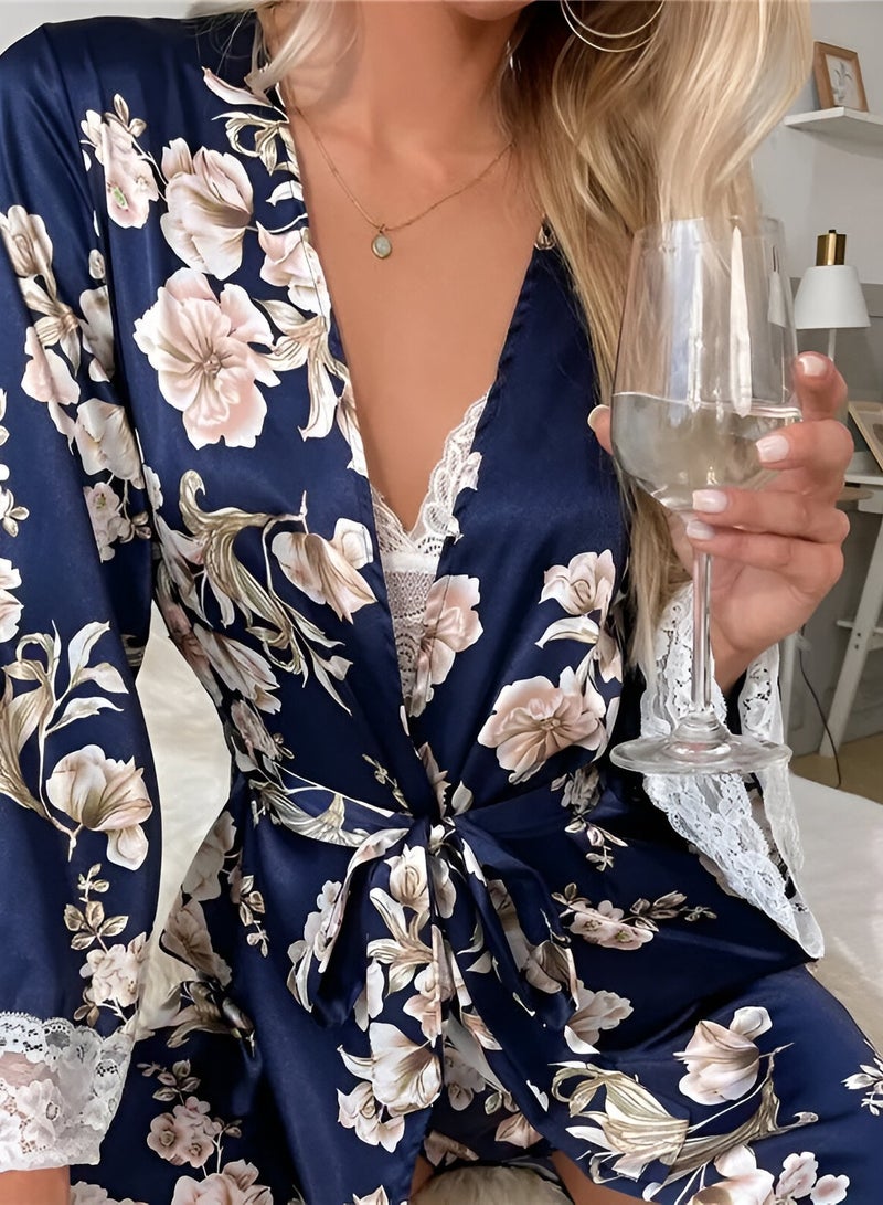 Women's navy floral print pajama set - Image 1