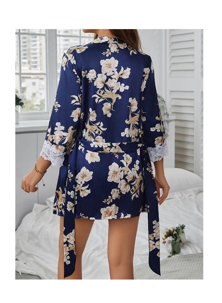 Women's navy floral print pajama set - Image 2