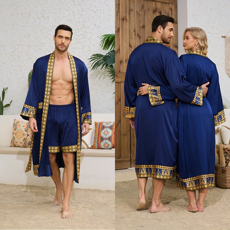 طقم روب وشورت رجالي بنمط باروكي ساتان بأكمام طويلة ورقبة V للمنزل - Image 1