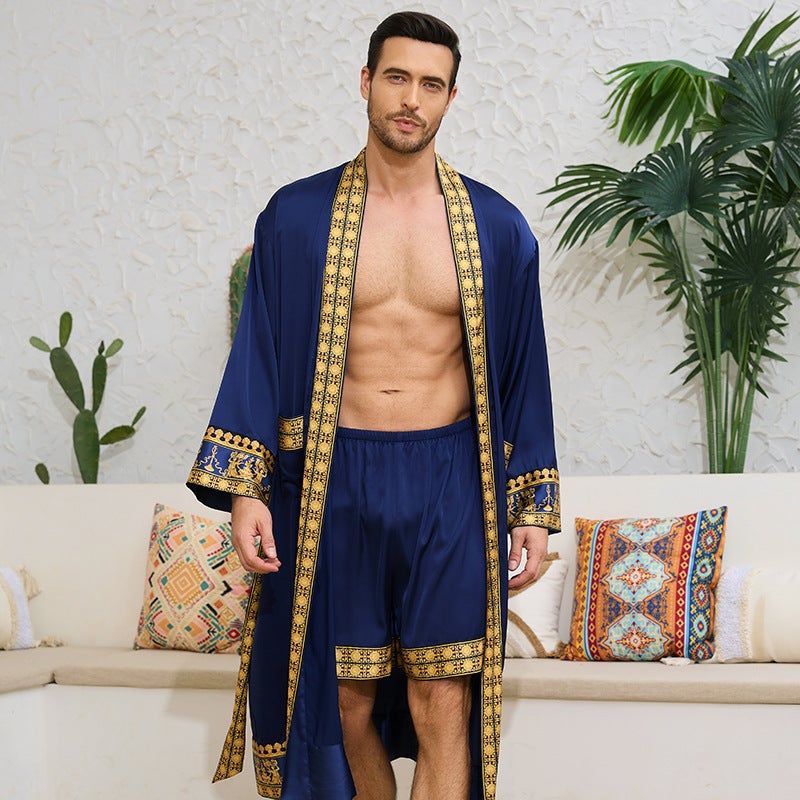 طقم روب وشورت رجالي بنمط باروكي ساتان بأكمام طويلة ورقبة V للمنزل - Image 3
