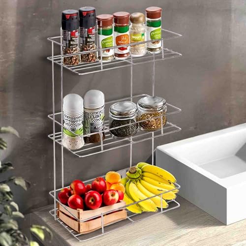 Niyara Heavy-Duty 3-Tier Stainless Steel Kitchen Storage Shelf | Wall-Mountable & Freestanding Countertop Rack for Spices, Jars, Condiments, Fruits & More - Image 1