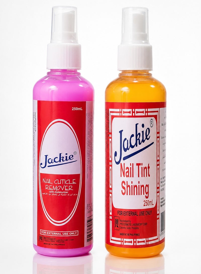 Jackie Nail Care Set (2-Piece Kit) - Nail Cuticle Remover with Moisturizer & Nail Tint Shining, 2*250ml Each