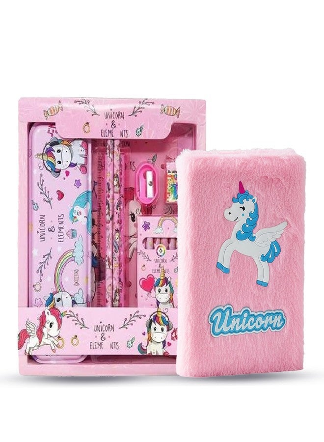MINDFIT Unicorn Combo pack for Kids | Soft Furry Notebook with Stationery Set include Pencil Pouch, Geometry Box, Notepad, Pencil, Eraser, Sharpener for Unicorn Lover | ideal for gifting - Image 1