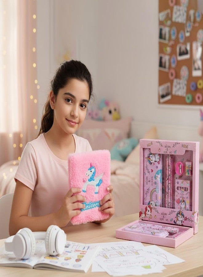 MINDFIT Unicorn Combo pack for Kids | Soft Furry Notebook with Stationery Set include Pencil Pouch, Geometry Box, Notepad, Pencil, Eraser, Sharpener for Unicorn Lover | ideal for gifting - Image 5