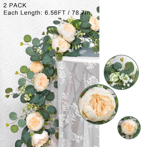 SOMYTING Artificial Flower Garlands Eucalyptus Garlands with Flowers Rose Peony Flower Vine Faux Floral Garland for Wedding Party Arch Table Wall Backdrop Decoration (Champagne, 2PCS) - Image 5