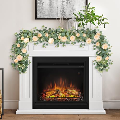 SOMYTING Artificial Flower Garlands Eucalyptus Garlands with Flowers Rose Peony Flower Vine Faux Floral Garland for Wedding Party Arch Table Wall Backdrop Decoration (Champagne, 2PCS) - Image 2