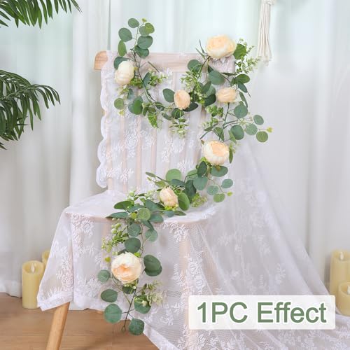 SOMYTING Artificial Flower Garlands Eucalyptus Garlands with Flowers Rose Peony Flower Vine Faux Floral Garland for Wedding Party Arch Table Wall Backdrop Decoration (Champagne, 2PCS) - Image 3