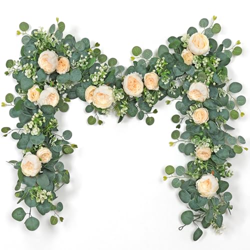 SOMYTING Artificial Flower Garlands Eucalyptus Garlands with Flowers Rose Peony Flower Vine Faux Floral Garland for Wedding Party Arch Table Wall Backdrop Decoration (Champagne, 2PCS) - Image 1