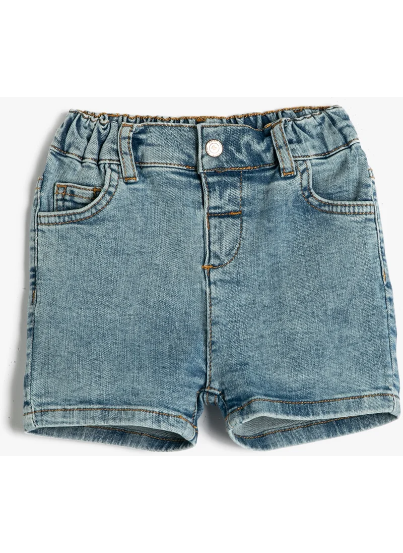 كوتون Denim Shorts with Pockets Elastic Waist Cotton