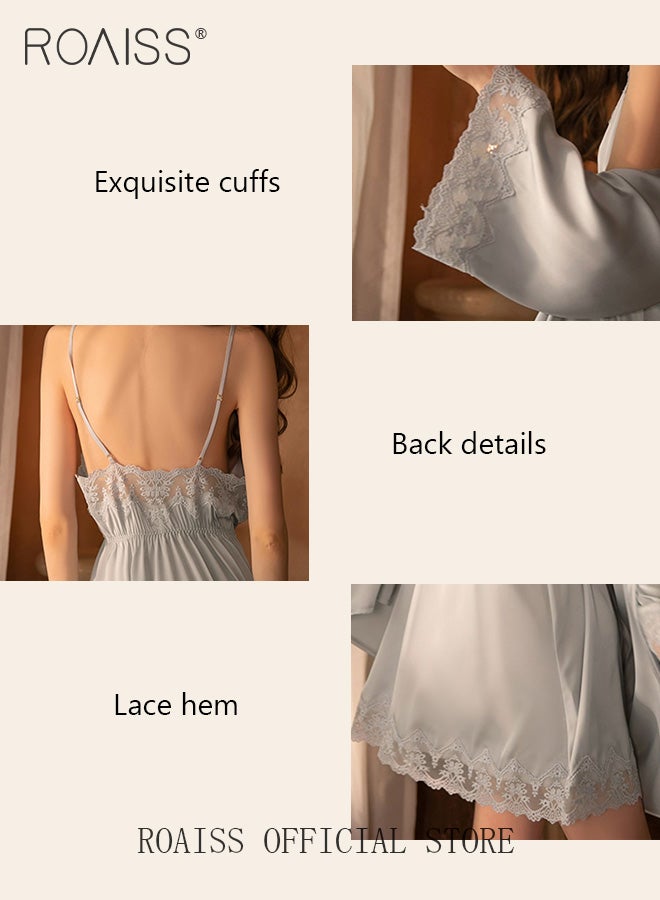 roaiss 2-Piece Set of Women Pajamas with V-Neck Design Women Home Wear Set Same Color Outer Robe and Lace Element Nightgown  - Image 3