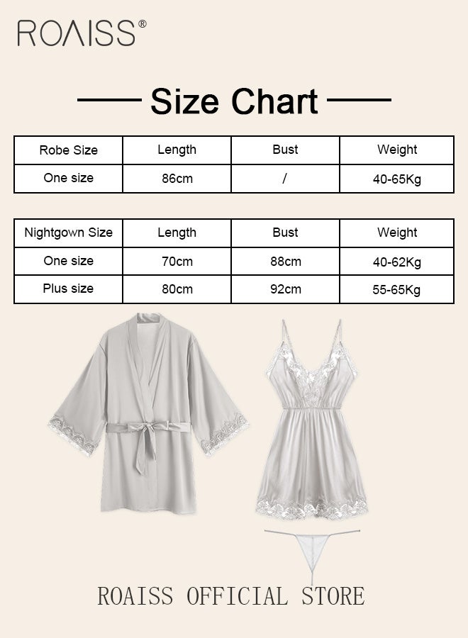 roaiss 2-Piece Set of Women Pajamas with V-Neck Design Women Home Wear Set Same Color Outer Robe and Lace Element Nightgown  - Image 2