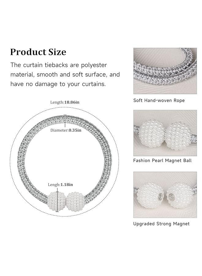 إيروريكس 4 قطع من أربطة الستائر المغناطيسية المريحة وحامل الحبل المزخرف باللؤلؤ للستائر الصغيرة الرقيقة أو الشفافة - Image 3