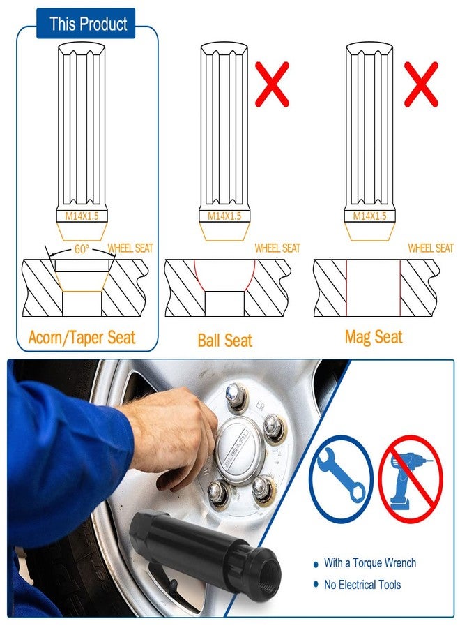 GAsupply صواميل عجلات GAsupply سوداء مقاس 14x1.5، ذات طرف مغلق، بارتفاع 2 بوصة، ومقعد سداسي مخروطي 3/4 بوصة، بزاوية 60 درجة، مناسبة للعجلات غير الأصلية، عبوة من 24 قطعة + مفتاح قفل عجلة واحد. - Image 3
