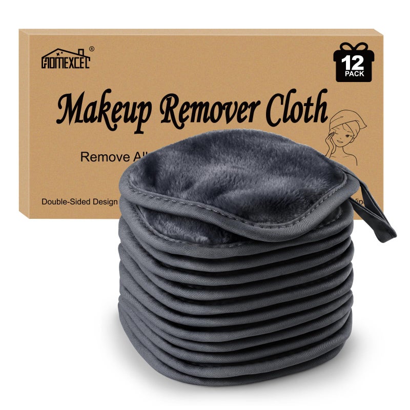 HOMEXCEL Makeup Remover Cloth 12 Count (Pack of 1), Reusable Makeup Remover Pads, Washable Ultra Soft Facial Cleansing Cloths For All Skin Types, 5 X 5 In, Black - Image 1