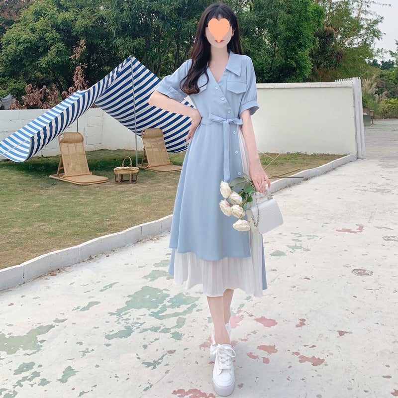 Artistic Fake Two-Piece V-Neck Shirt Dress for Women Sky Blue - Image 3