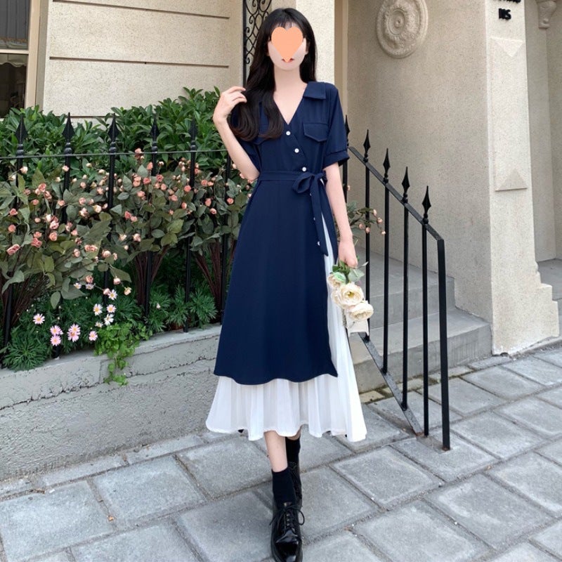 Artistic Fake Two-Piece V-Neck Shirt Dress for Women Sky Blue - Image 4