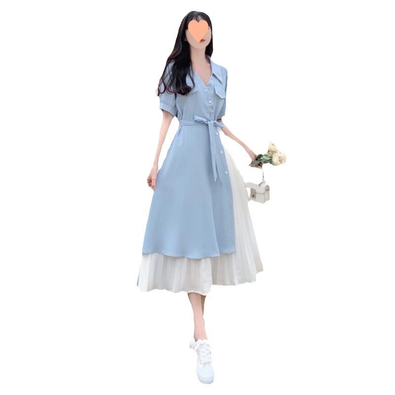 Artistic Fake Two-Piece V-Neck Shirt Dress for Women Sky Blue - Image 5