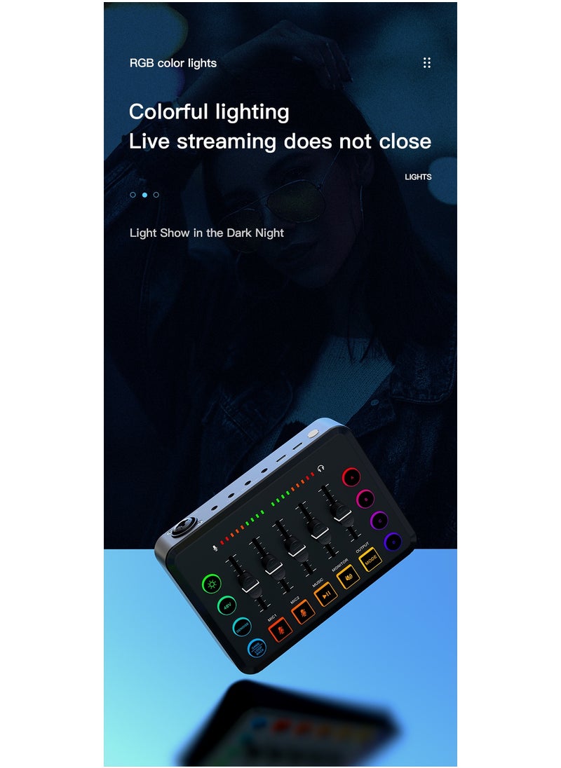 Gaming Audio Mixer, Audio Mixer for Streaming, Streaming RGB PC Mixer with XLR Microphone Interface, Volume Fader, 48V Phantom Power, for Podcast/Recording/Game Voice/Youtube/TikTok/Vocal