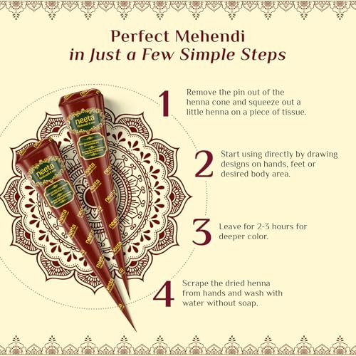 Neeta Mehendi Cones for Hand 12 Pcs in 1 Box (Pack of 5) Bridal Mehndi Cones Natural Mehendi Cone for Wedding, Hand Designing, Reddish Brown Color Long Lasting Niddle Cones for Women - Image 5