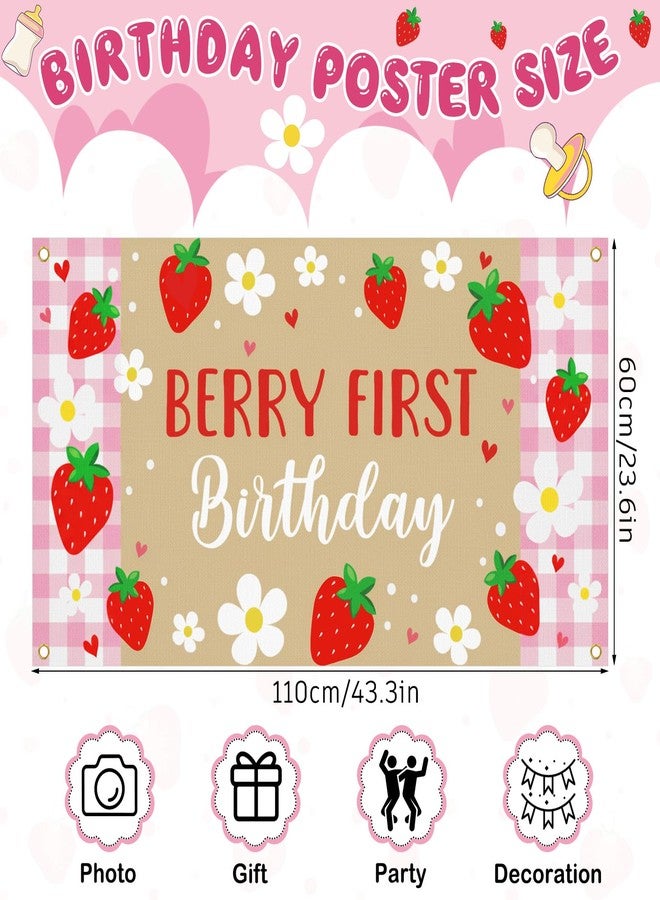 ForraFun Berry First Birthday Banner Pink Strawberry 1st Birthday Decorations for Girls Happy First Strawberry and Daisy Sweet Backdrop for Baby Shower Party Supplies Decor Supplies Photo Props - Image 2