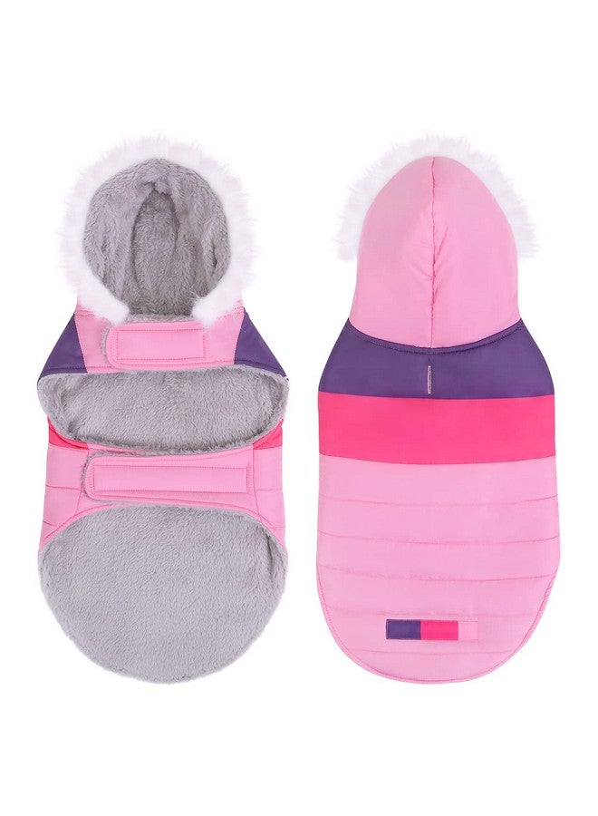 إتش دي إي سترة منفوخة للكلاب مبطنة بالصوف، معطف باركا شتوي دافئ للكلاب مع فتحة حزام، مخططة باللون الوردي - مقاس M - Image 4