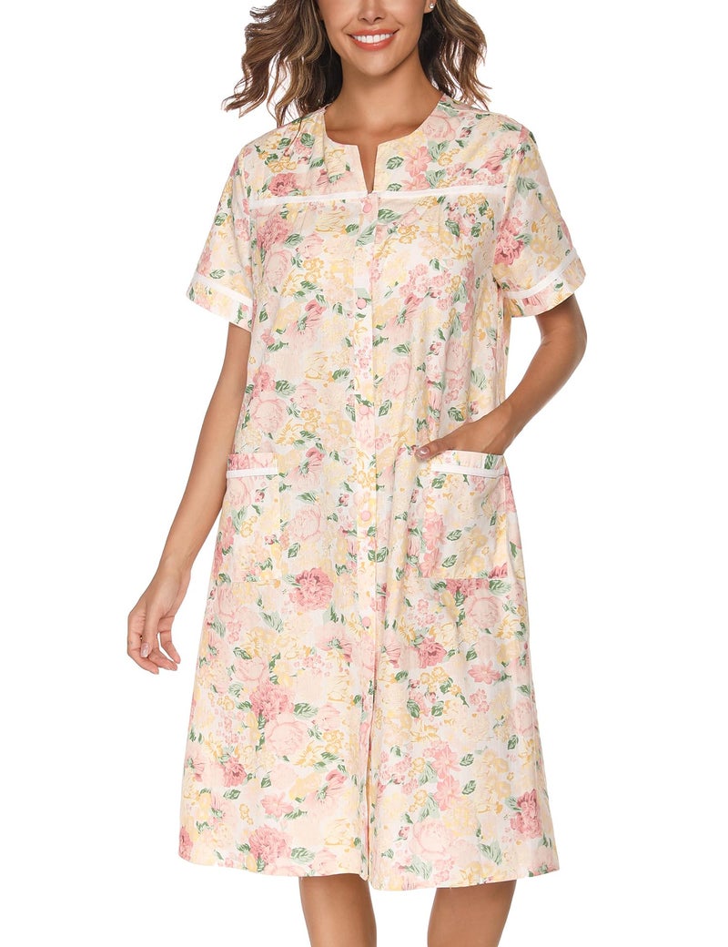 YOZLY House Dress Womens Cotton Housecoat Short Sleeve Duster Robe with Pockets Flower Pink, Large - Image 1