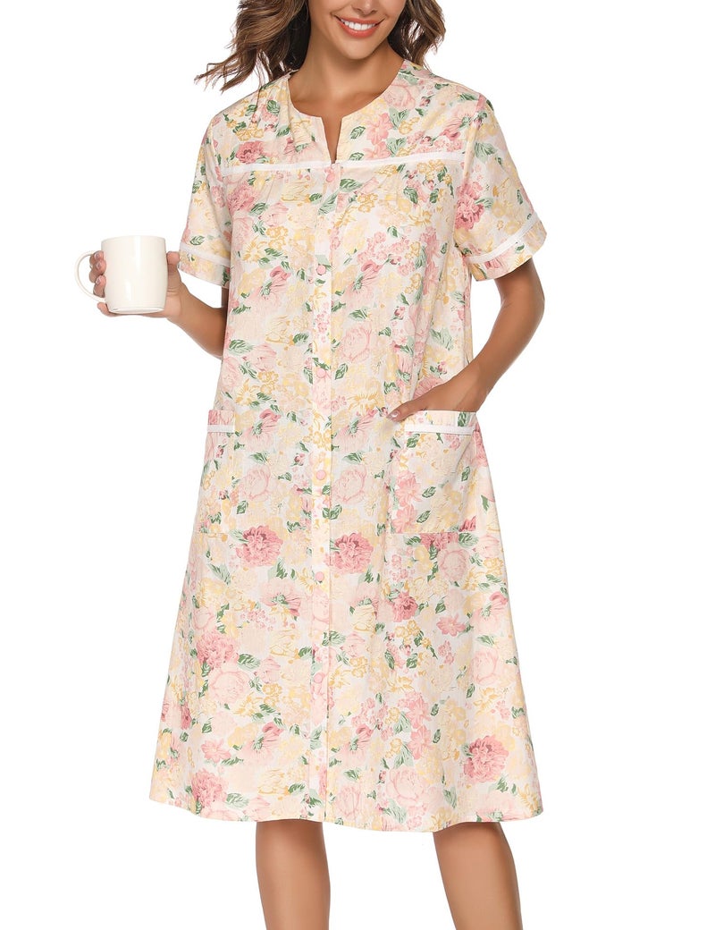 YOZLY House Dress Womens Cotton Housecoat Short Sleeve Duster Robe with Pockets Flower Pink, Large - Image 3