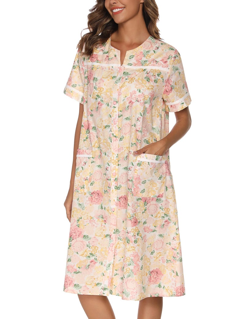 YOZLY House Dress Womens Cotton Housecoat Short Sleeve Duster Robe with Pockets Flower Pink, Large - Image 4