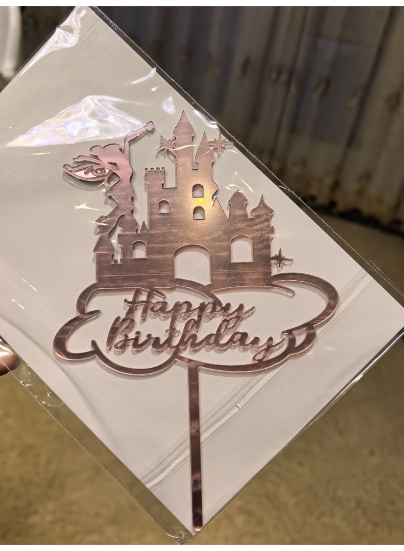 Happy Birthday Cake Topper Rose Gold Fairy Acrylic Dessert Cake Elf Decor Pink Princess Castle Birthday Picks For Girls Holiday Themed Party Supplies - Image 5