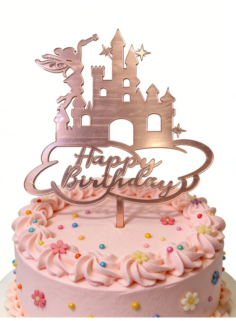 Happy Birthday Cake Topper Rose Gold Fairy Acrylic Dessert Cake Elf Decor Pink Princess Castle Birthday Picks For Girls Holiday Themed Party Supplies - Image 4