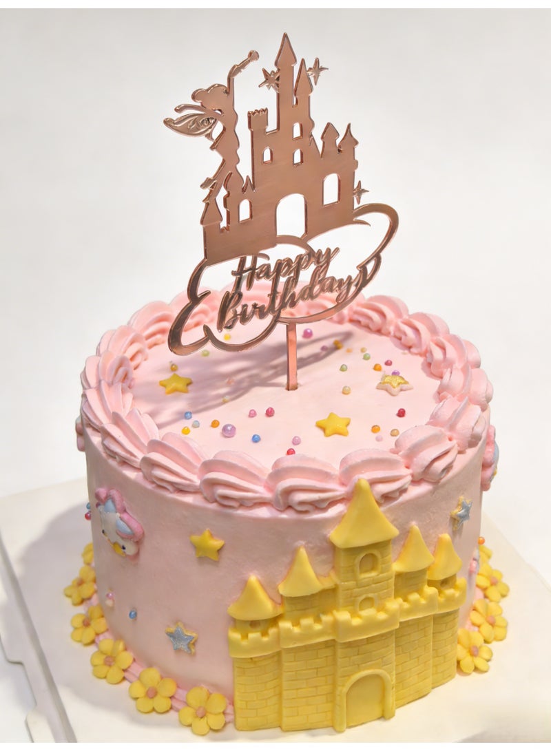 Happy Birthday Cake Topper Rose Gold Fairy Acrylic Dessert Cake Elf Decor Pink Princess Castle Birthday Picks For Girls Holiday Themed Party Supplies - Image 3