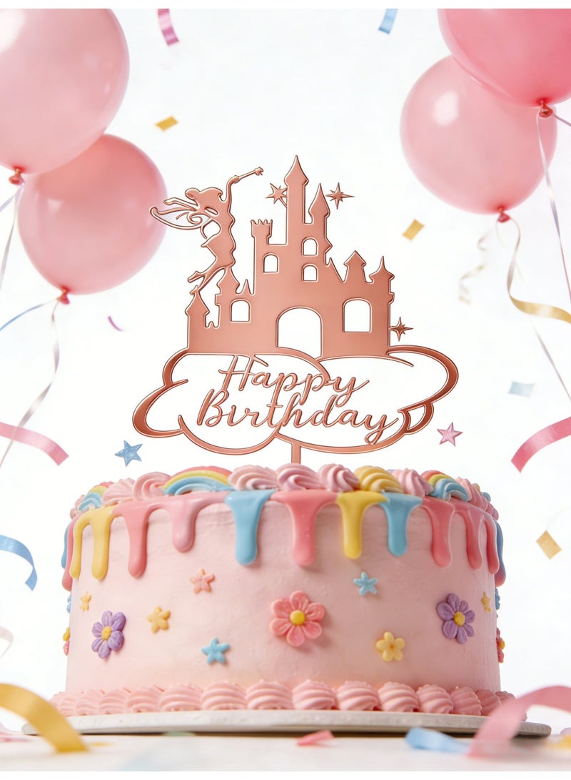 Happy Birthday Cake Topper Rose Gold Fairy Acrylic Dessert Cake Elf Decor Pink Princess Castle Birthday Picks For Girls Holiday Themed Party Supplies - Image 2