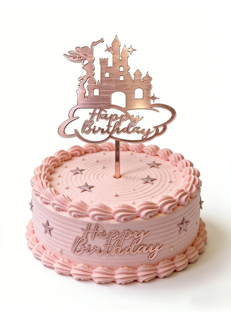 Happy Birthday Cake Topper Rose Gold Fairy Acrylic Dessert Cake Elf Decor Pink Princess Castle Birthday Picks For Girls Holiday Themed Party Supplies - Image 1