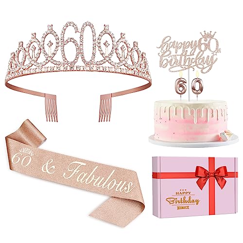 Juesly 60th Birthday Decorations for Woman, Including 60th Birthday Sash and Crown, Cake Topper and Candles, 60 Year Old Gifts for Women - Image 1
