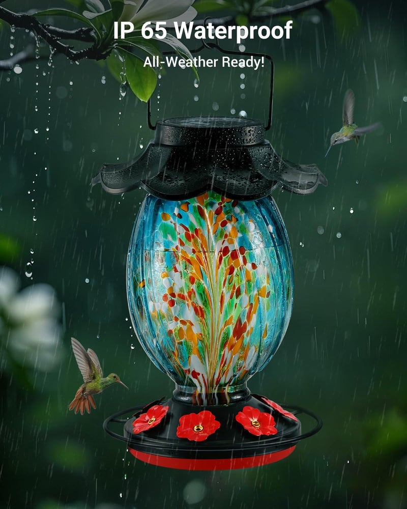 مغذي طائر الطنان الشمسي من HouseSapp - 49 أونصة سائلة زجاج منفوخ يدويًا متغير اللون - 6 منافذ تغذية مع مجثم - لا يتسرب أبدًا - مغذي طائر الطنان المثالي للتعليق في الهواء الطلق (أزرق) - Image 5