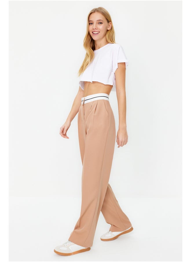 trendyol Beige Wide Leg High Waist Belt Detail Woven Trousers TWOSS23PL00150  - Image 2