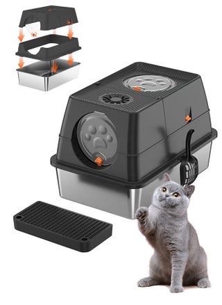 Closed stainless steel cat litter box with lid, 36Lextra large side entry top exit large cat litter box, high sides can accommodate multiple large cats, with double filter pedals and scoop, high sides are non-stick and leak-proof, metal cat litter box will never absorb odors (black) - pzsku/Z34B0DD4E2B1731CAE08DZ/45/1743173240/99714b0d-fb2d-424b-b9b1-a0edc6ed2614